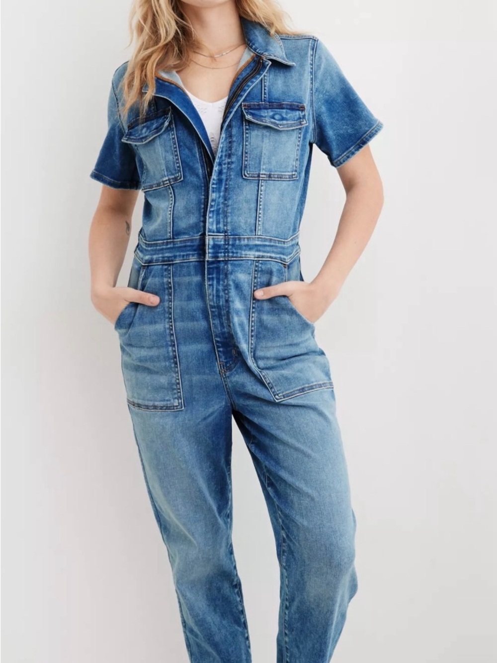 Aerie Light Blue Denim Short-Sleeve One-Piece Jumpsuit